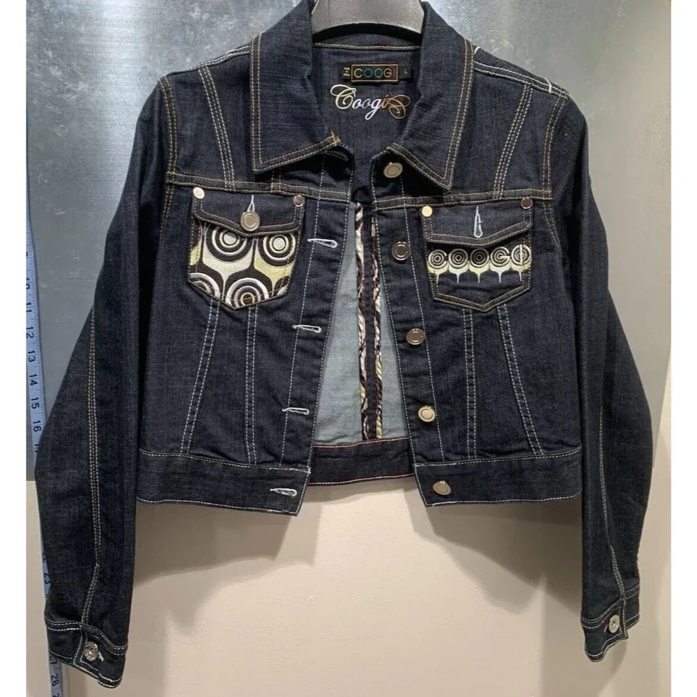 NEW Coogi Australia Heavily Embroidered Cropped Denim Jacket Junior Girl Sz L